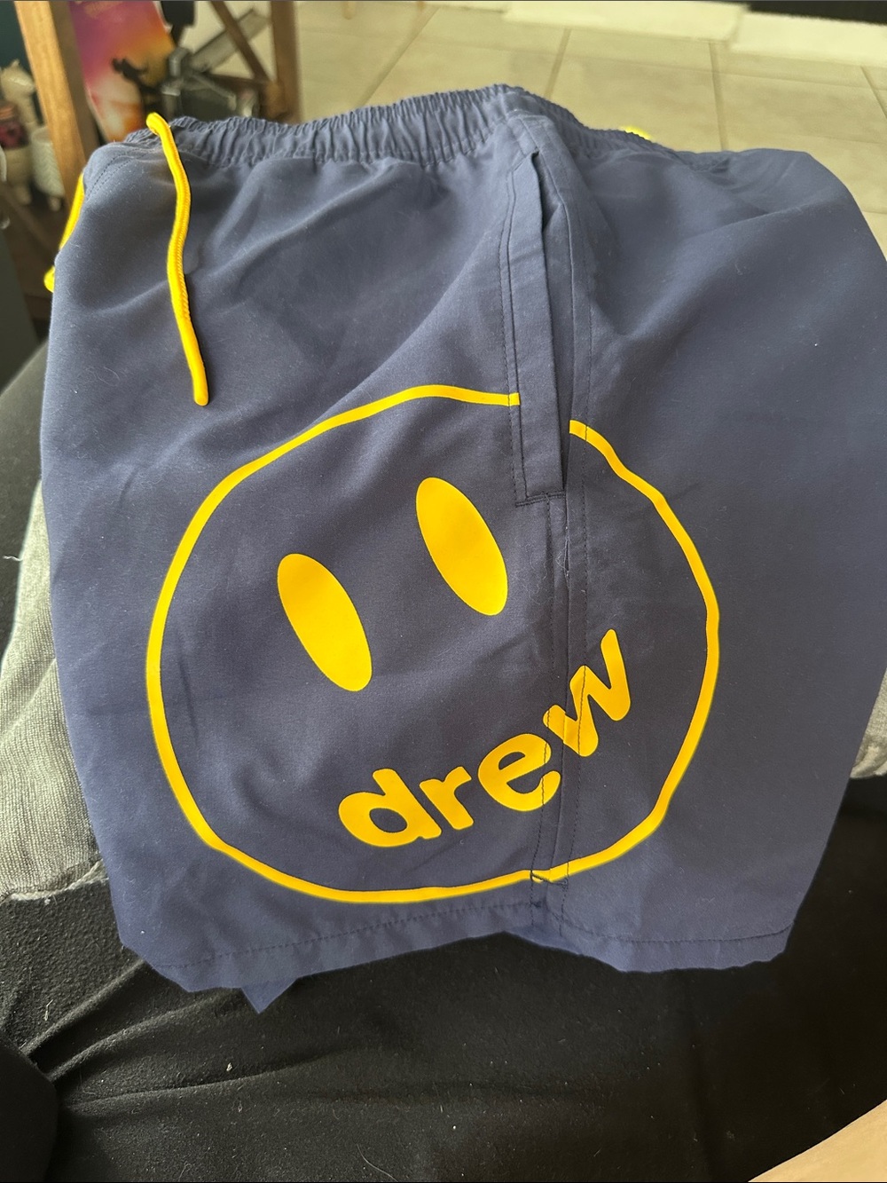 DREW House Navy Blue Shorts with Bright Yellow Smiley Logo